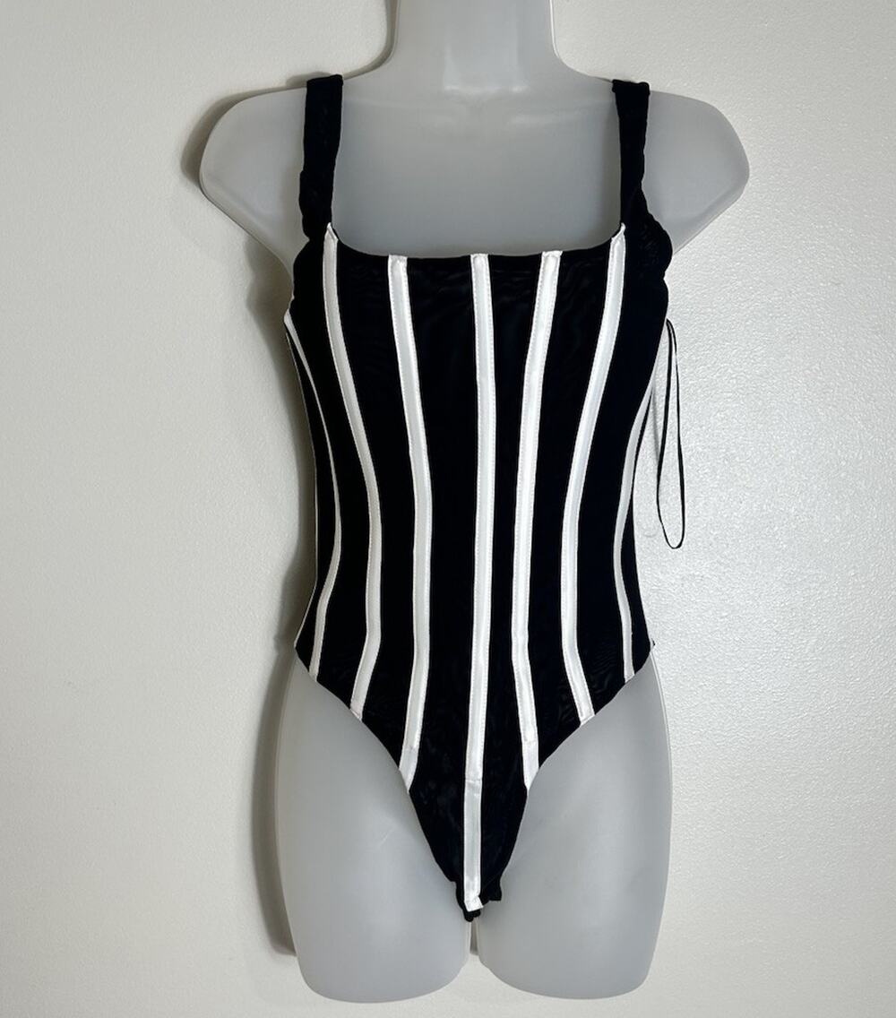 Misha Corset Bodysuit Womens US 4 AU 8 Black White Stripe Contrast Panel Slvless